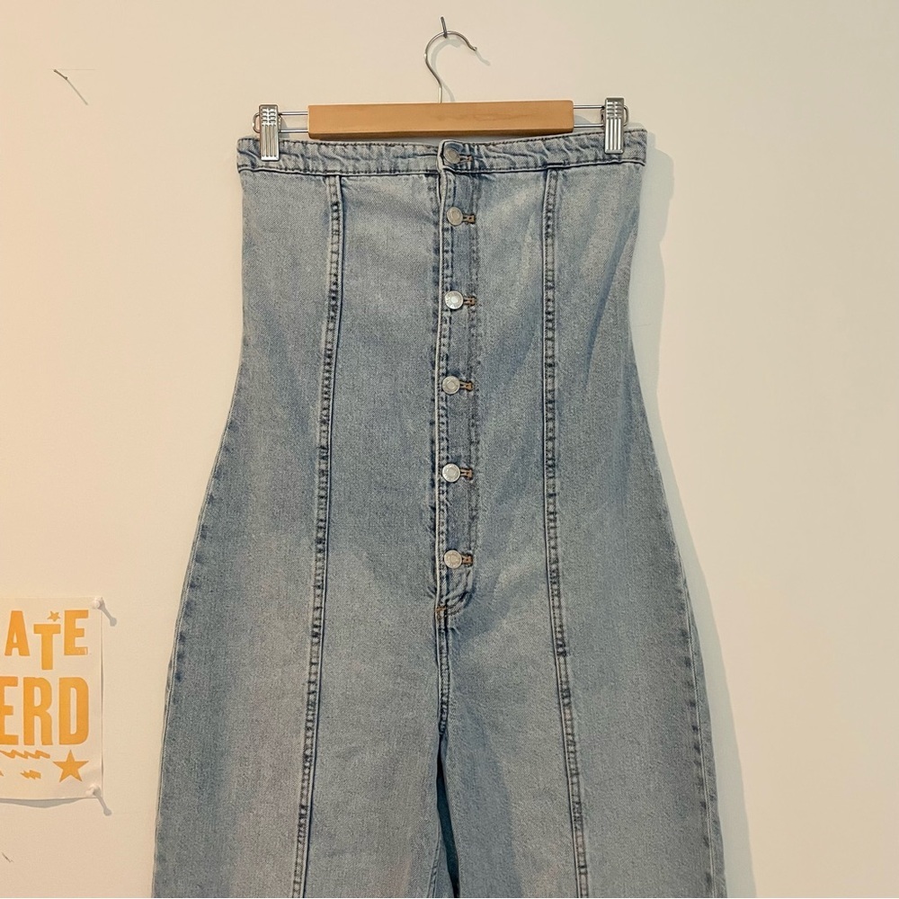 Zara TRF STRAPLESS DENIM JUMPSUIT Blogger Fav Wide Leg - Picture 9 of 15